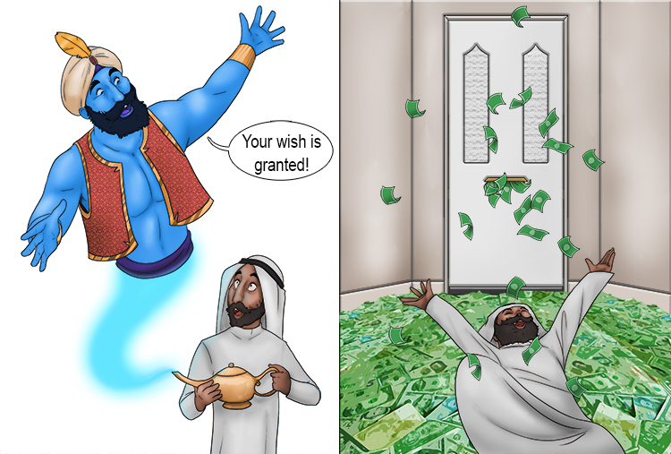 The genie granted (grants) him his wish. Instead of paying the government taxes, the government gave him money in the post every week without needing to pay it back.